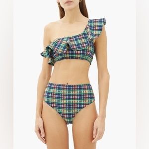 Ganni Ruffled One Shoulder Checkered Seersucker Bikini Top